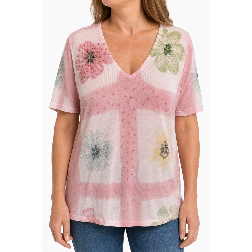 Vertigo Paris Womens XL Pink Floral Beaded Embellished V-Neck Knit Top